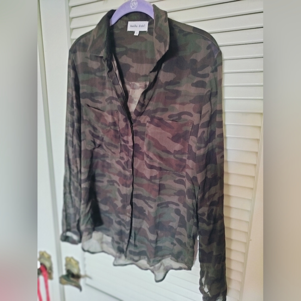BELLA DAHL ANTHROPOLOGIE WOMENS BLOUSE CAMOFLAUGE SHEER oversized Small
